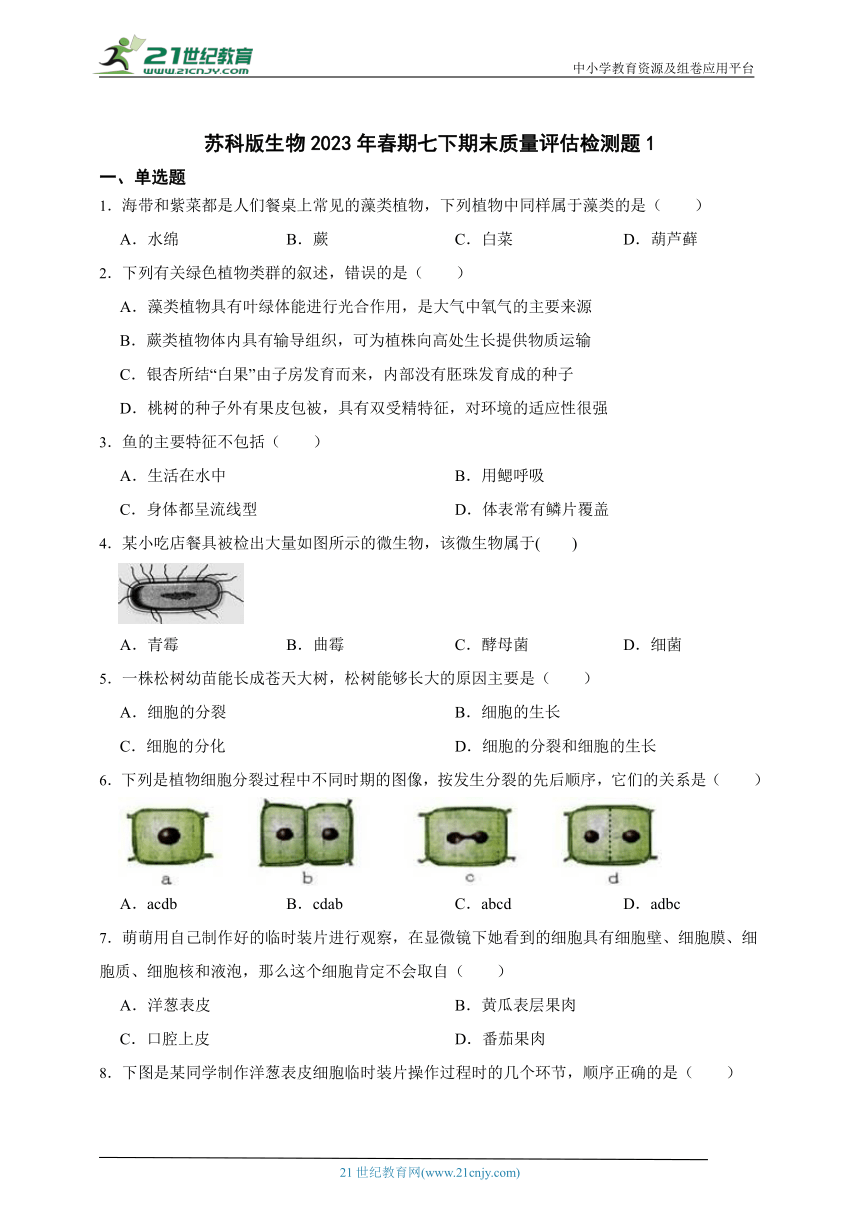 苏科版生物2023年春期七下期末质量评估检测题1（含解析）