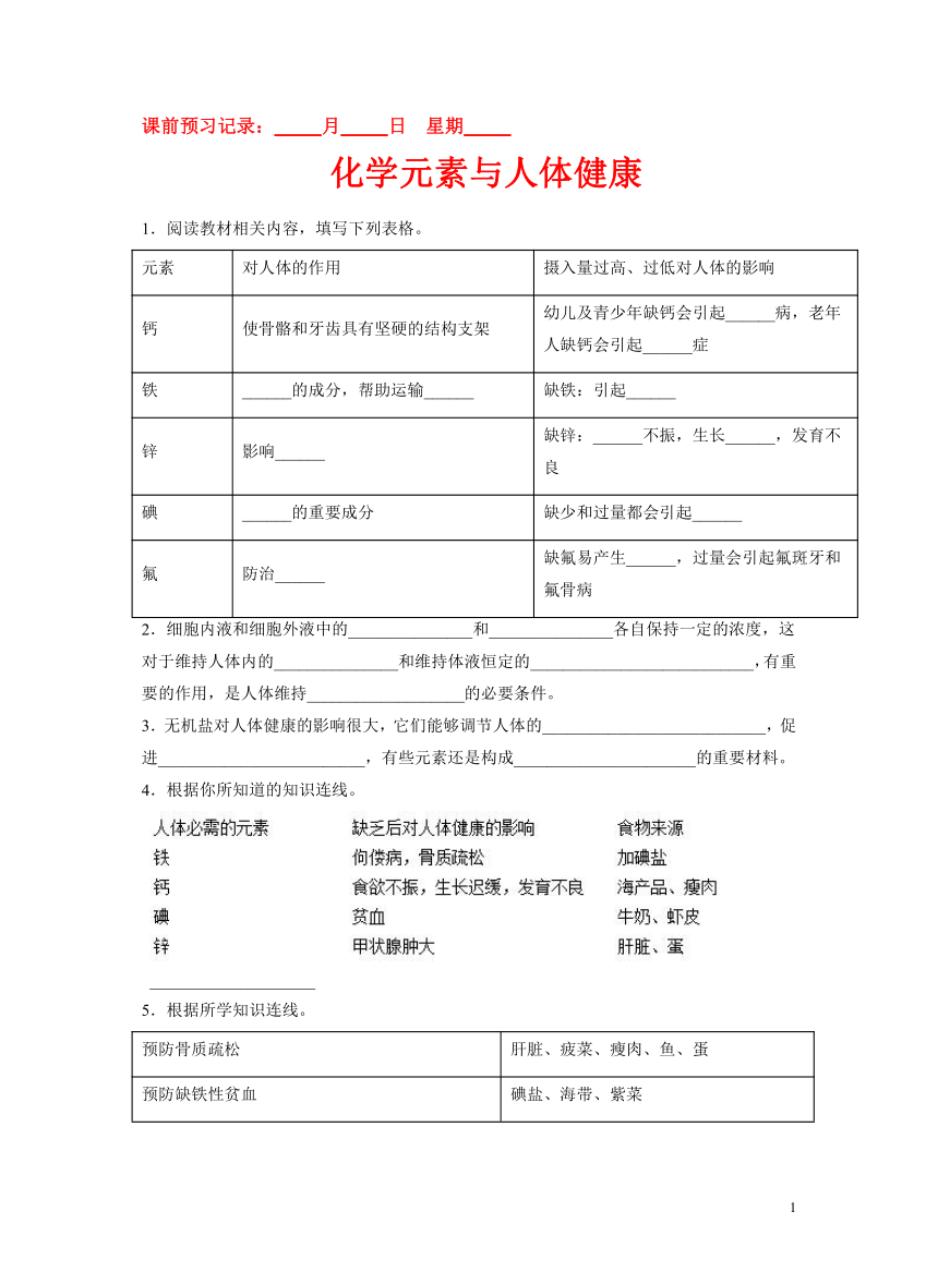 化学人教版九下课前预习练：12.2 化学元素与人体健康(含答案)