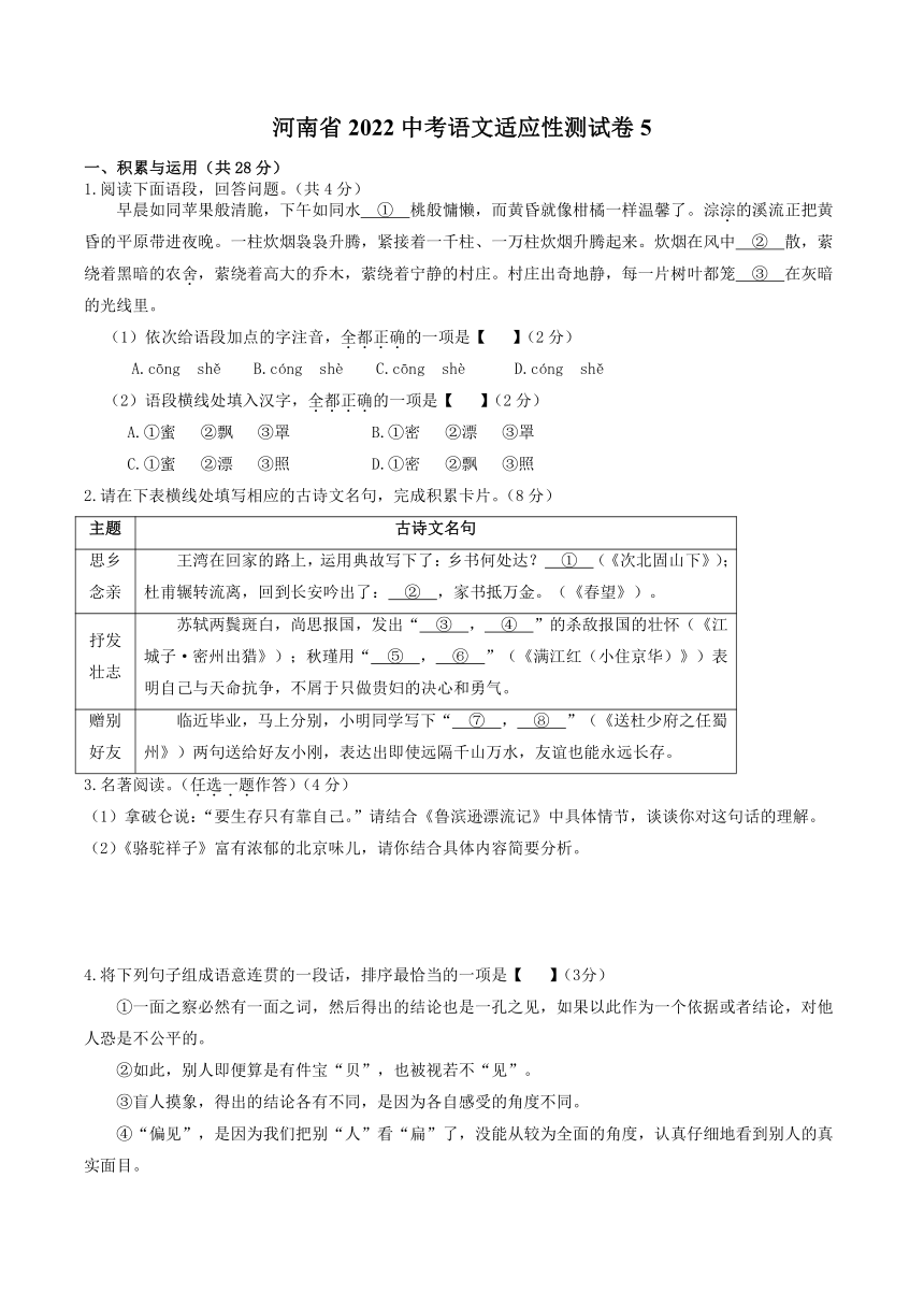 河南省2022中考语文适应性测试卷5（含答案）