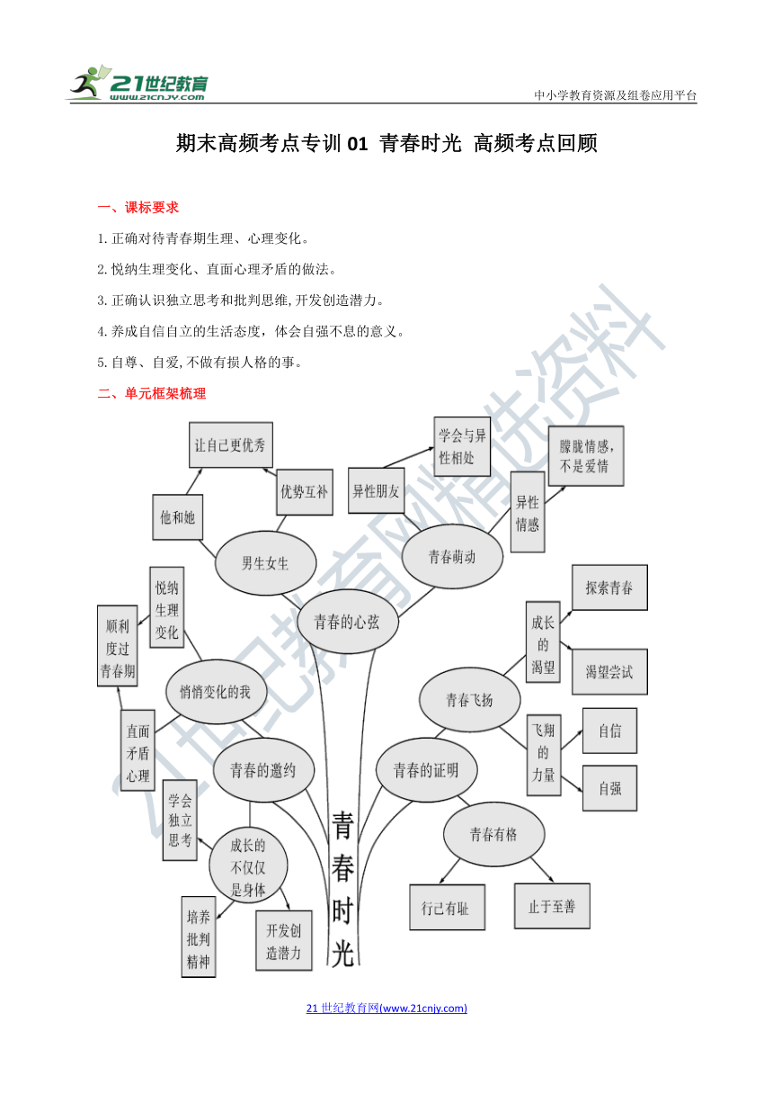 七年级下册道德与法治 期末高频考点专训01 青春时光 考点回顾（含答案）