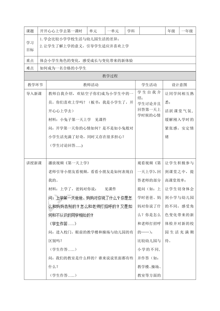 全国通用一年级下册综合实践活动3 《1 开开心心上学去》教案（表格式）