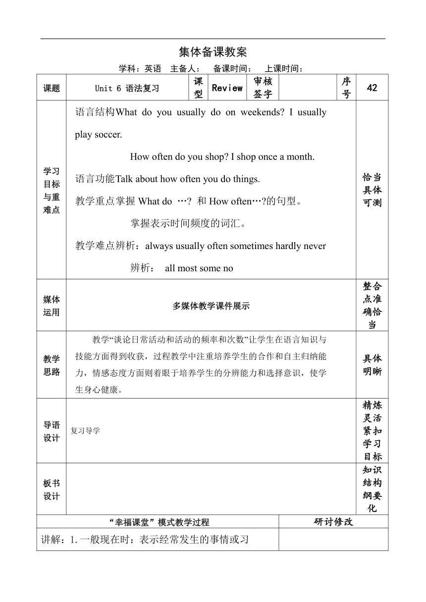 Unit 6 How often do you exercise语法复习 教案（表格式）