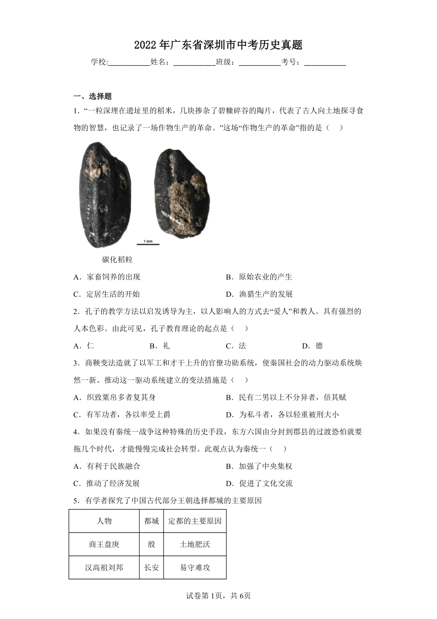 2022年广东省深圳市中考历史真题（含解析）