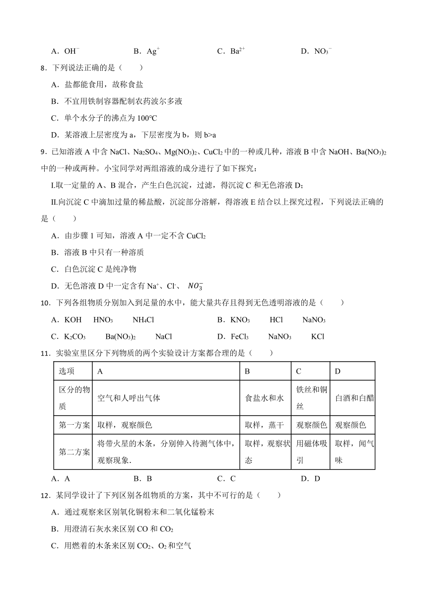 6.2 盐和肥料 同步练习 （含答案）2022-2023学年沪教版（上海）九年级下册化学