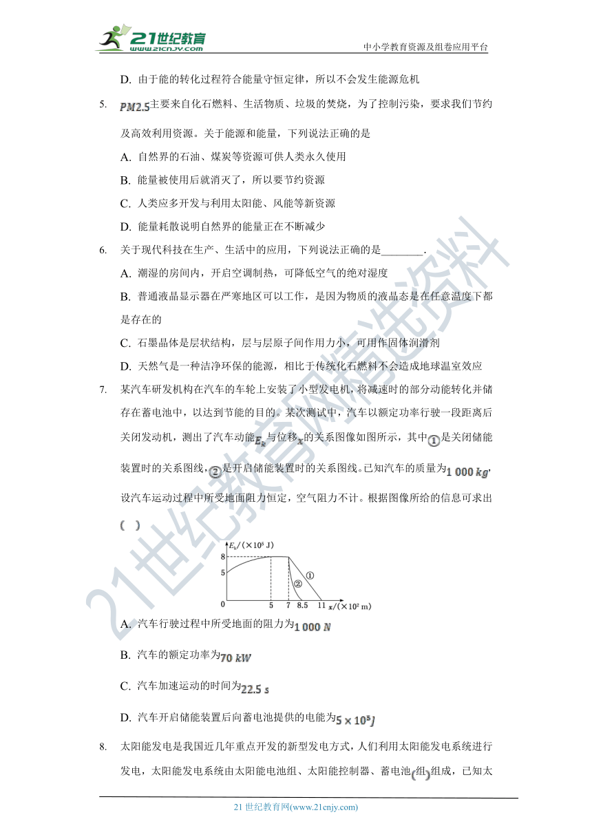 【教科版 (2019) 】4.2能源 高中物理必修三 同步课时练（含解析）