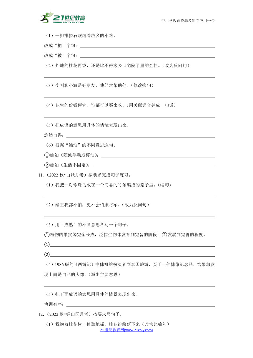 部编版语文五年级上册句子练习真题检测卷（一）（含答案）