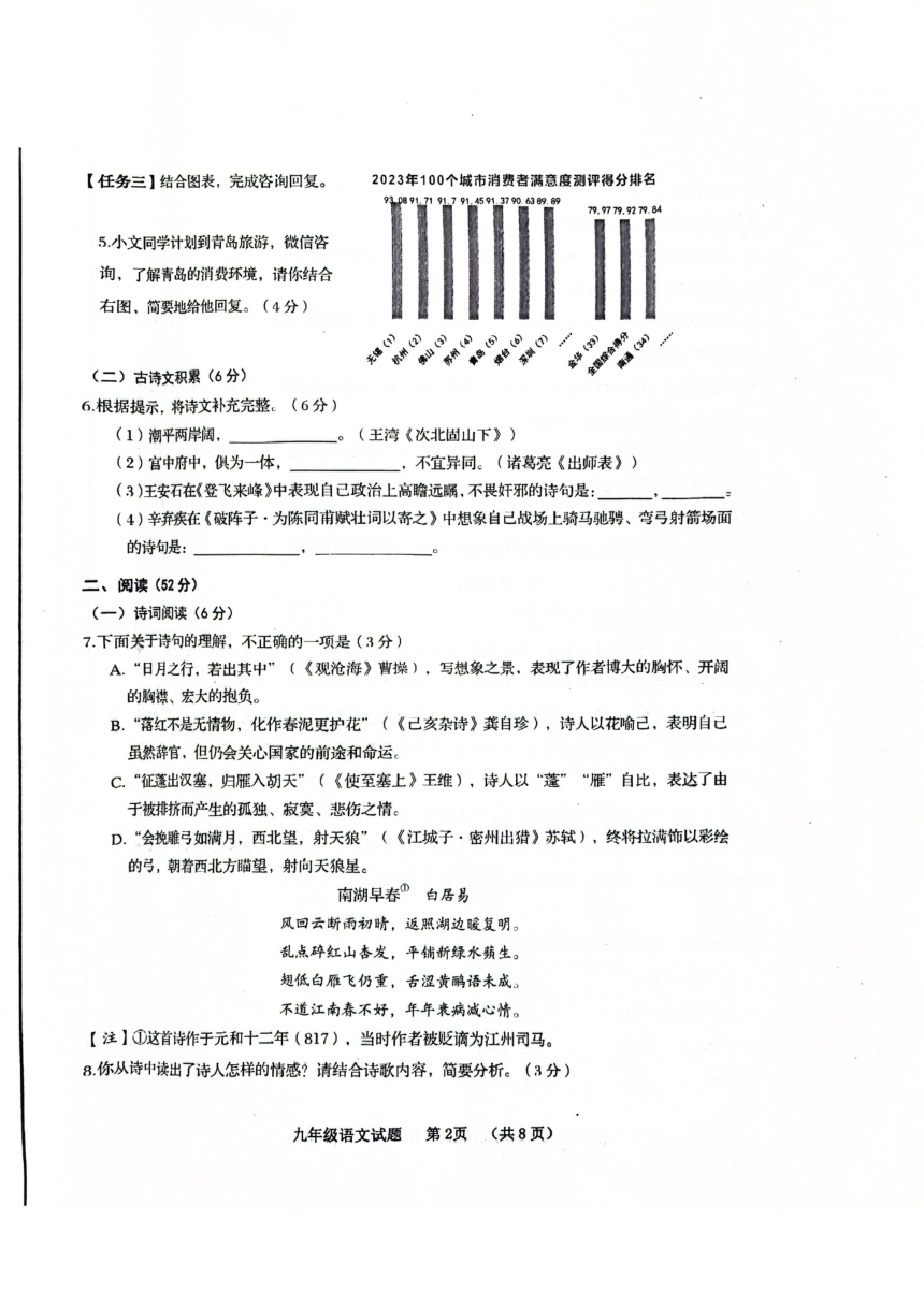 2024年山东省青岛西海岸新区中考一模语文试题（pdf版无答案）