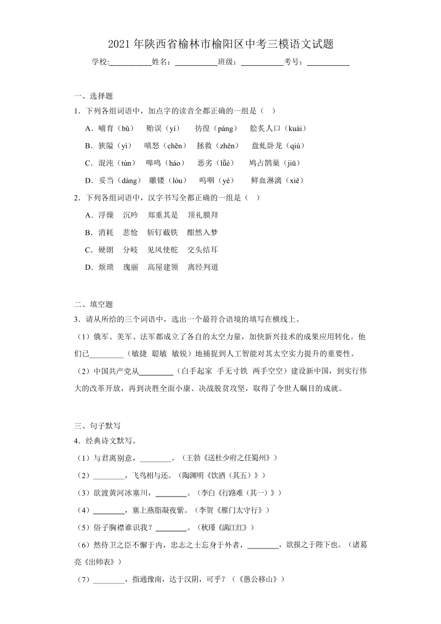 2021年陕西省榆林市榆阳区中考三模语文试题（含解析）