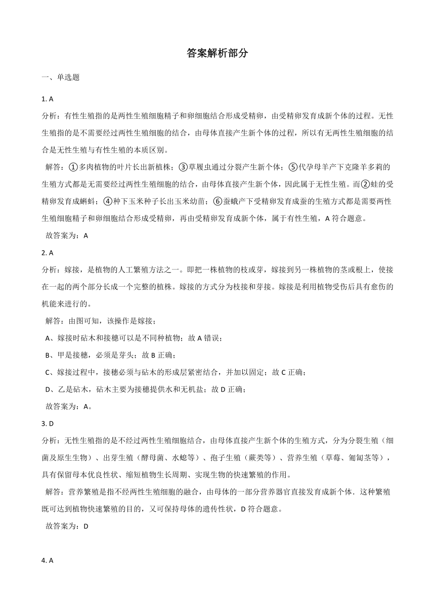 2020-2021学年华东师大版科学七年级下册 7.3植物的无性生殖   同步练习   含答案