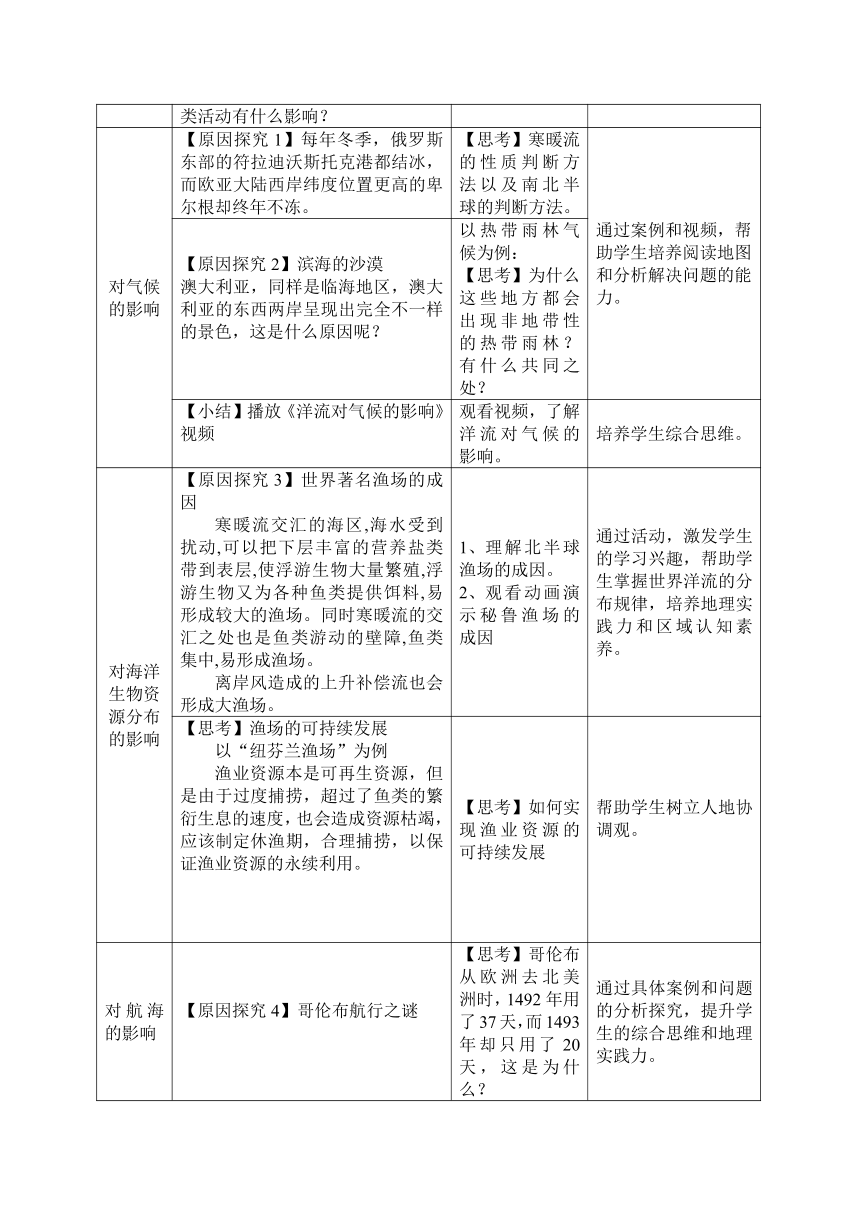 4.2 世界洋流的分布与影响 第二课时 教学设计（表格式）