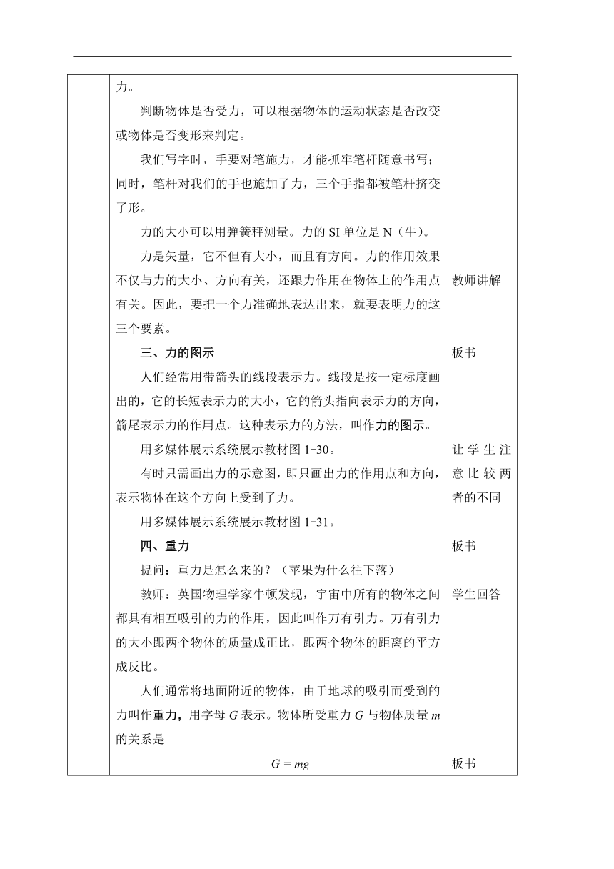 人教版物理（中职）通用类 1.3 重力 弹力 摩擦力 教案（表格式，2课时）