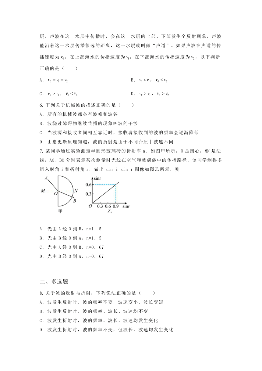 选择性必修第一册物理鲁科版（2019）3.2波的反射和折射 随堂练习（含答案）