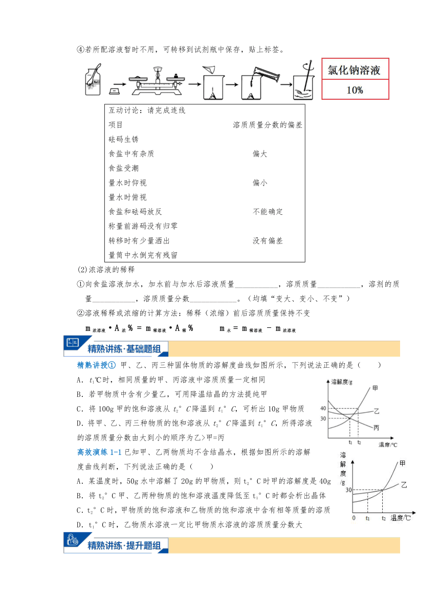 浙教版科学八上 6.溶液的配制 暑假讲义（无答案）