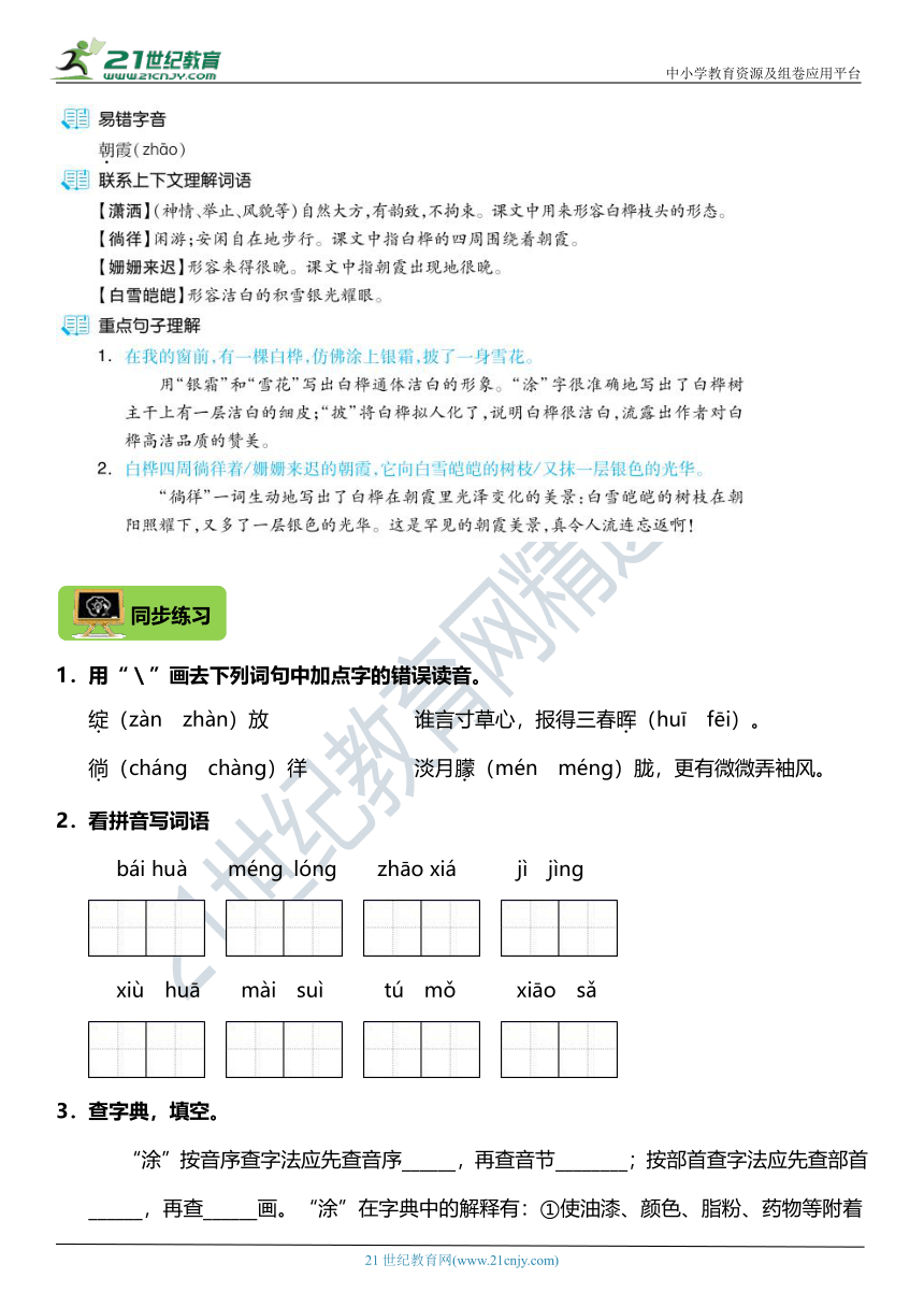 22年统编版4年级下册第11课《白桦》课前预习单+同步练习（含答案）