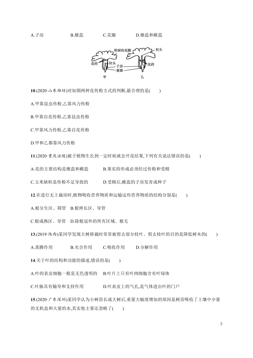 人教版七年级上册生物单元检测(三)：生物圈中的绿色植物（word版含答案）