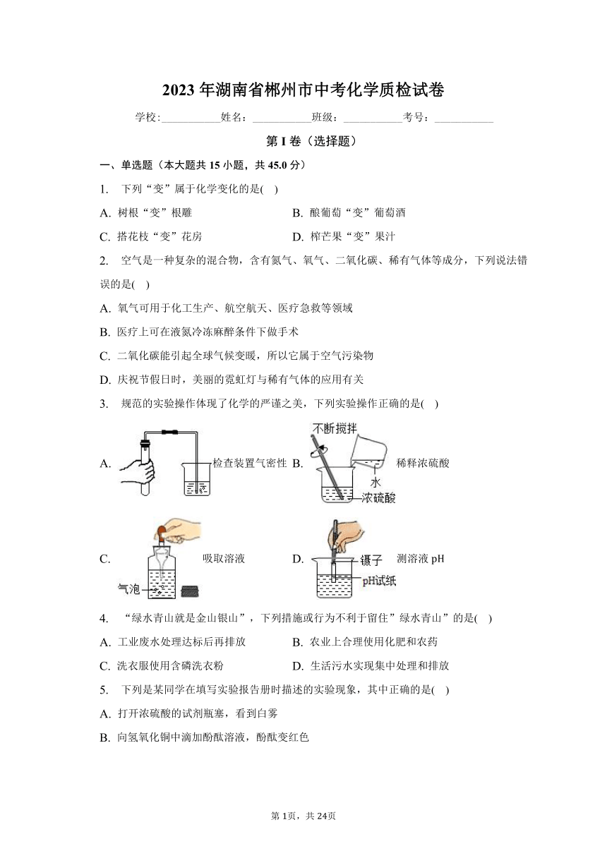 2023年湖南省郴州市中考化学质检试卷（含解析）