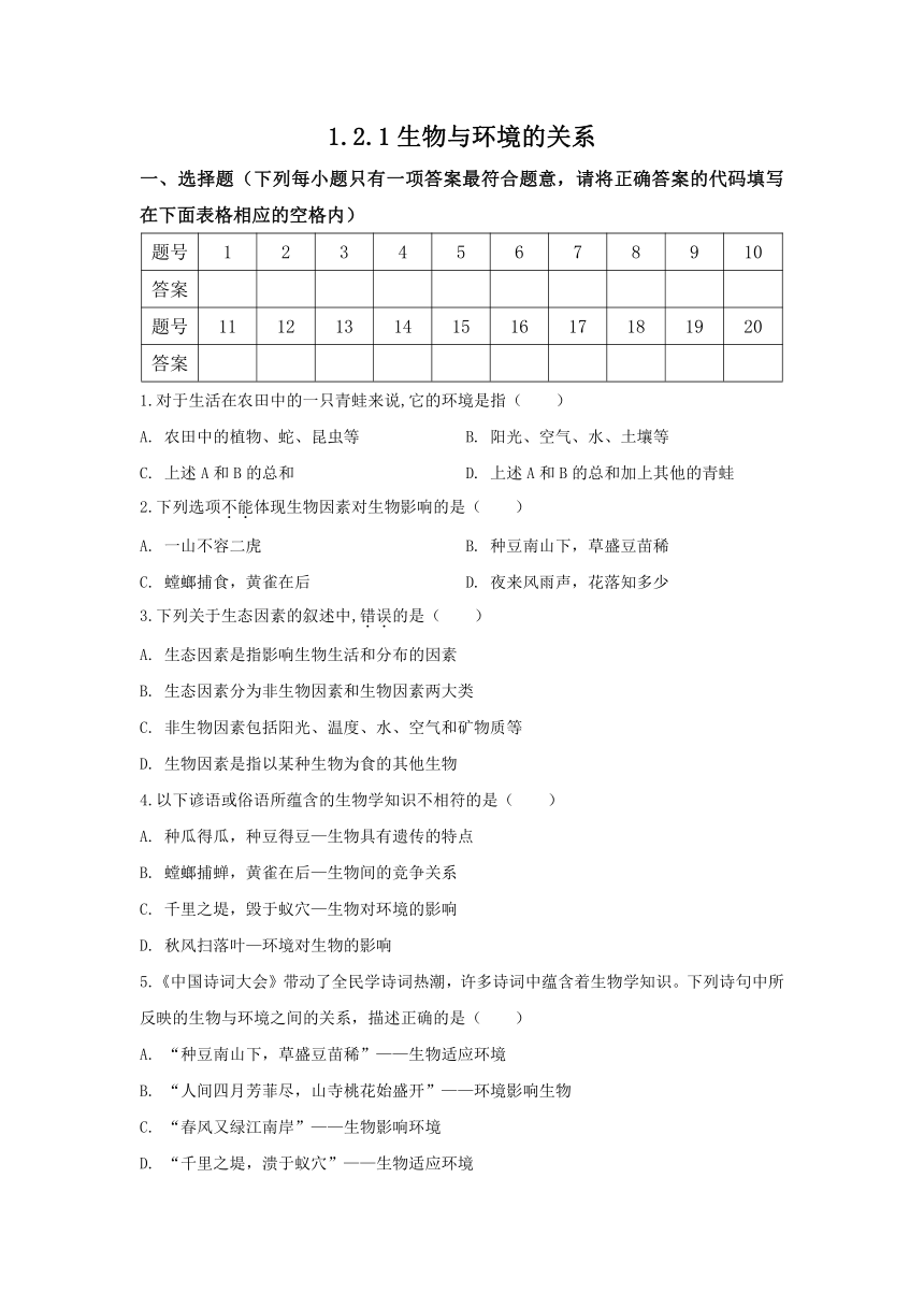 1.2.1生物与环境的关系 同步练习(word版含解析）