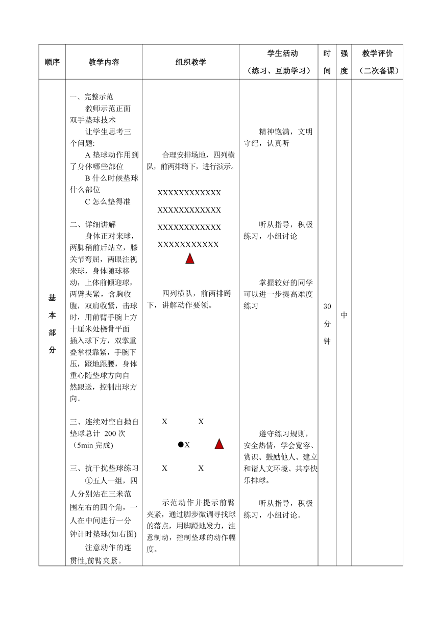 第五章排球正面双手垫球教案2021—2022学年人教版体育八年级下册（表格式）