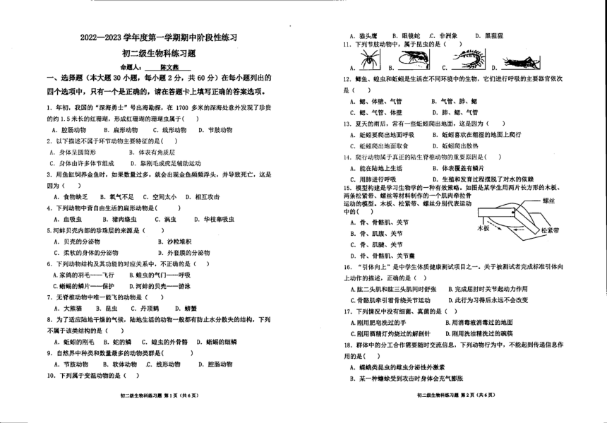 广东省茂名市崇文学校2022-2023学年八年级上学期期中生物试题（pdf版无答案）