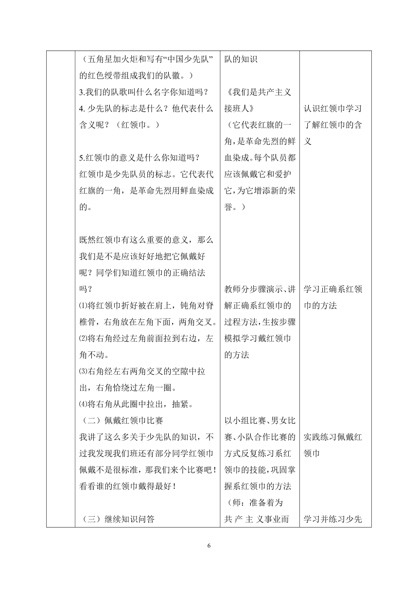 第二单元 主题活动一 我们的组织我了解 教案（表格式）