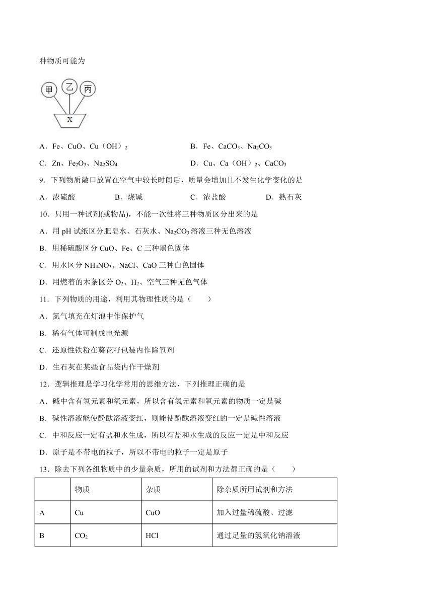 第11章酸与碱基础夯实—2021_2022学年九年级化学京改版（2013）下册（word版 含解析）