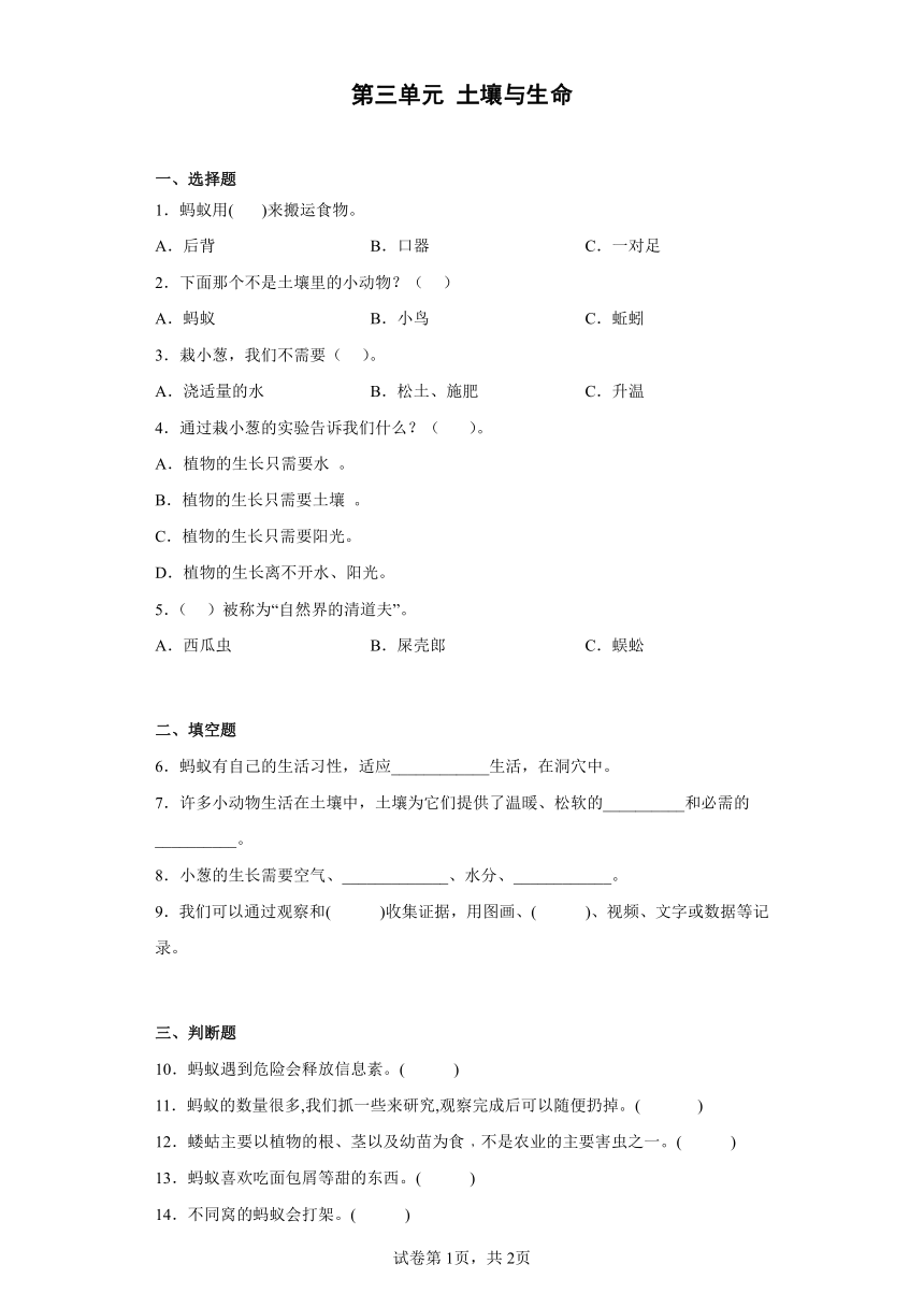 苏教版（2017秋） 二年级下册第三单元 土壤与生命 练习（含答案）