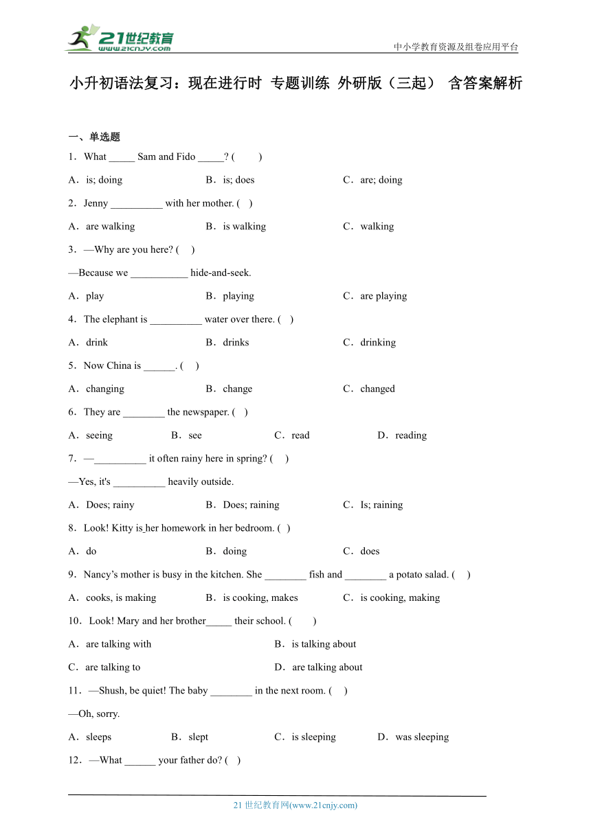 小升初语法复习：现在进行时 专题训练 外研版（三起） 含答案解析