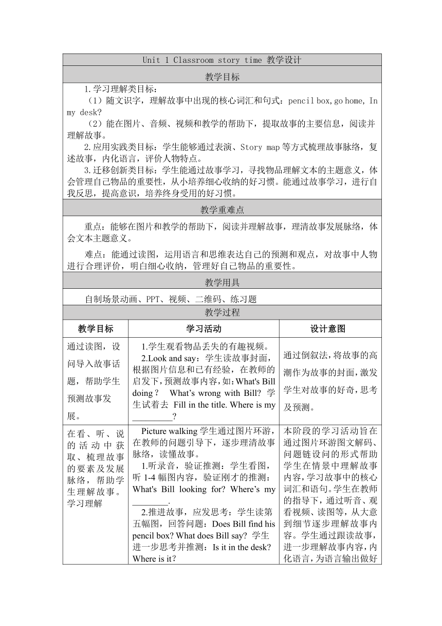 Unit 1 Classroom story time表格式教案