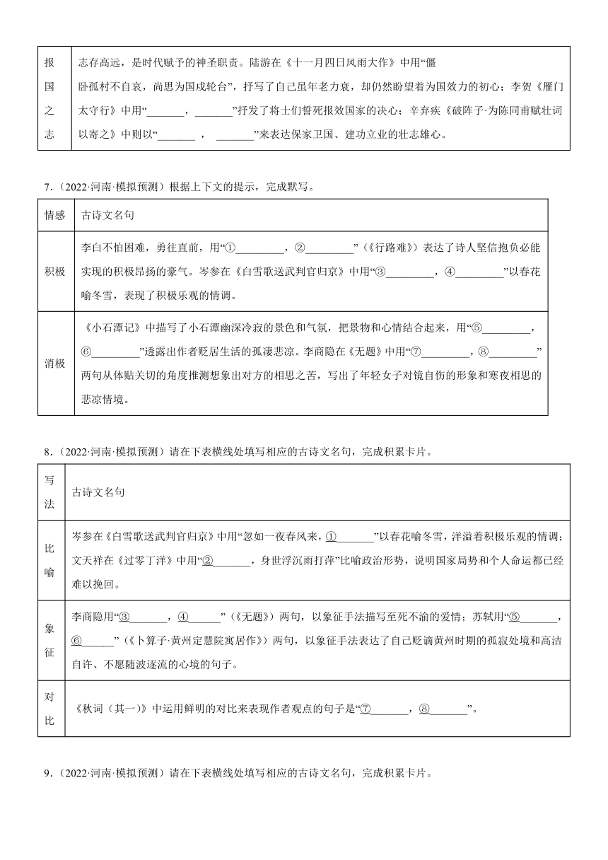 2023河南中考语文一轮复习：名句默写模拟题精选（含答案）