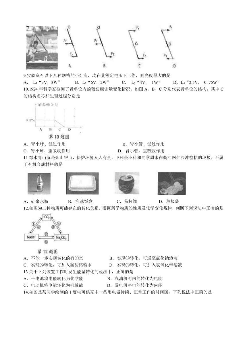 浙江省衢州市衢江区2021-2022学年第一学期九年级科学期末试题（word版，无答案）