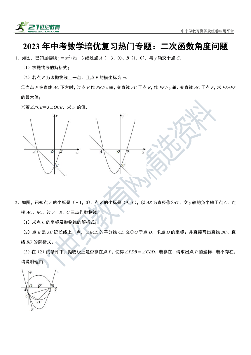 【培优复习】2023年中考数学热门专题：二次函数角度问题