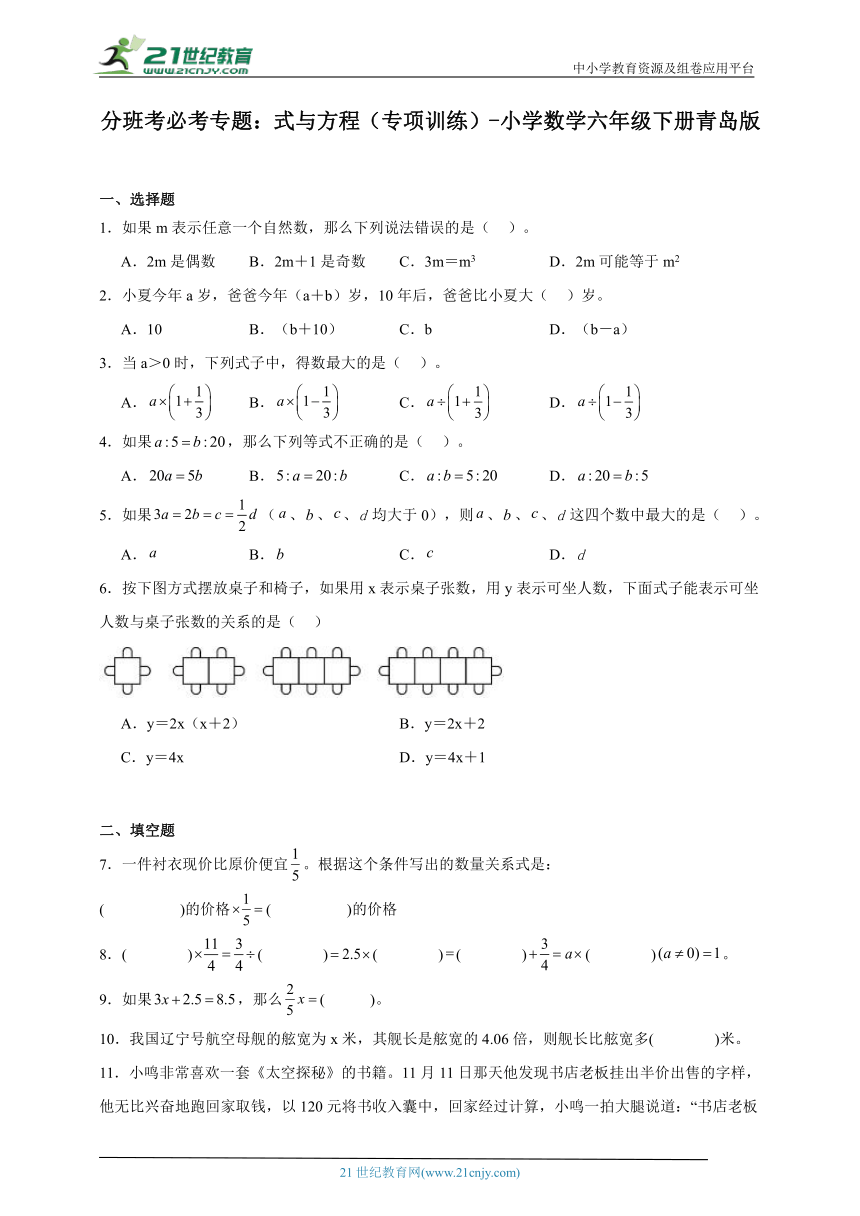 分班考必考专题：式与方程（专项训练）-小学数学六年级下册青岛版（含解析）