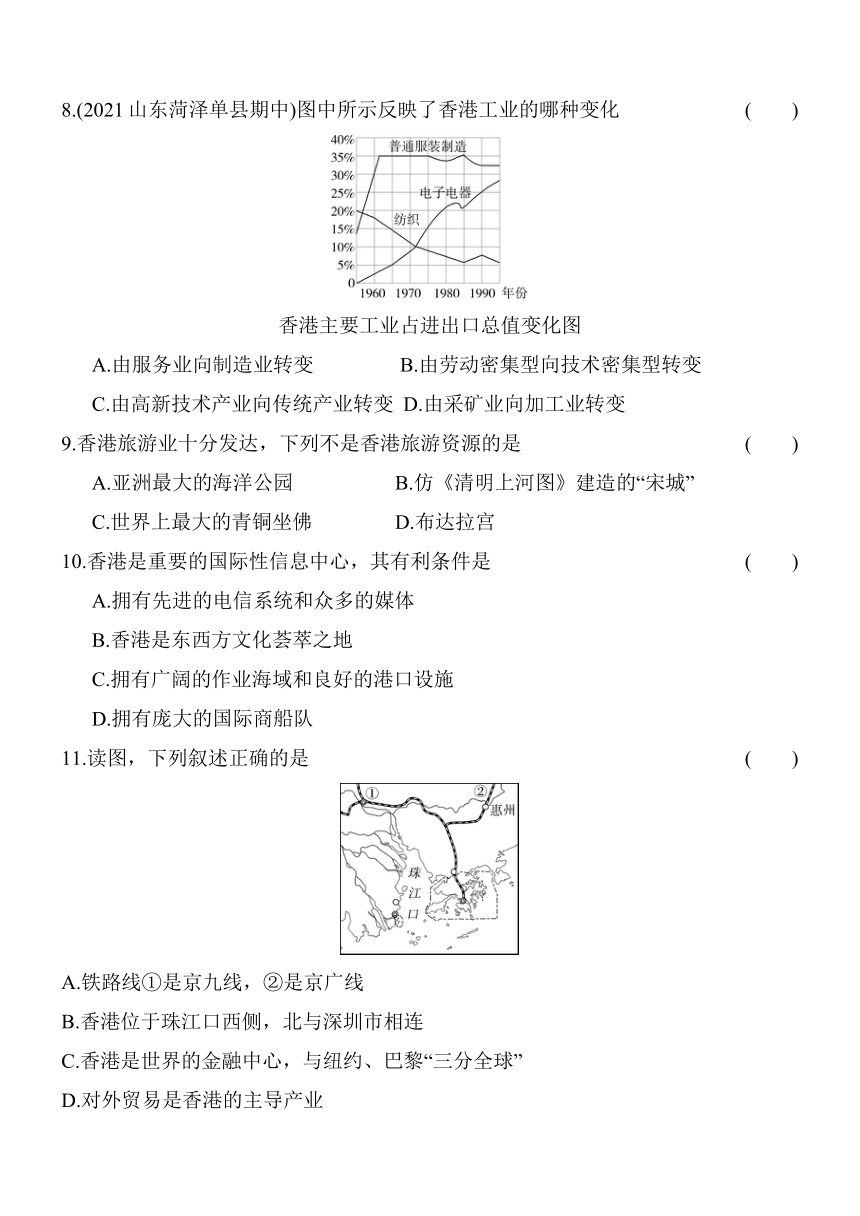 湘教版地理八年级下册7.1香港特别行政区的国际枢纽功能同步练习（含解析）