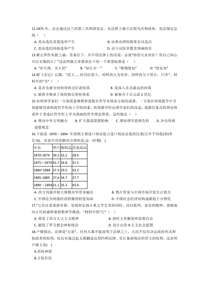 河南省漯河市临颍县第一高中2021-2022学年高二11月月考历史试卷（Word版含答案）