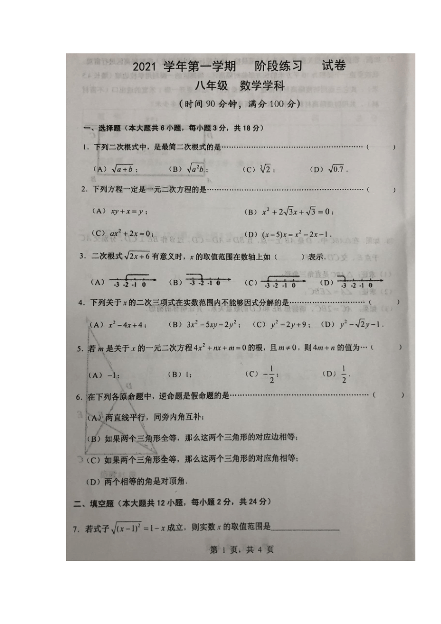 上海市川中南校2021-2022学年八年级上学期期中测试数学试题（图片版，含答案）
