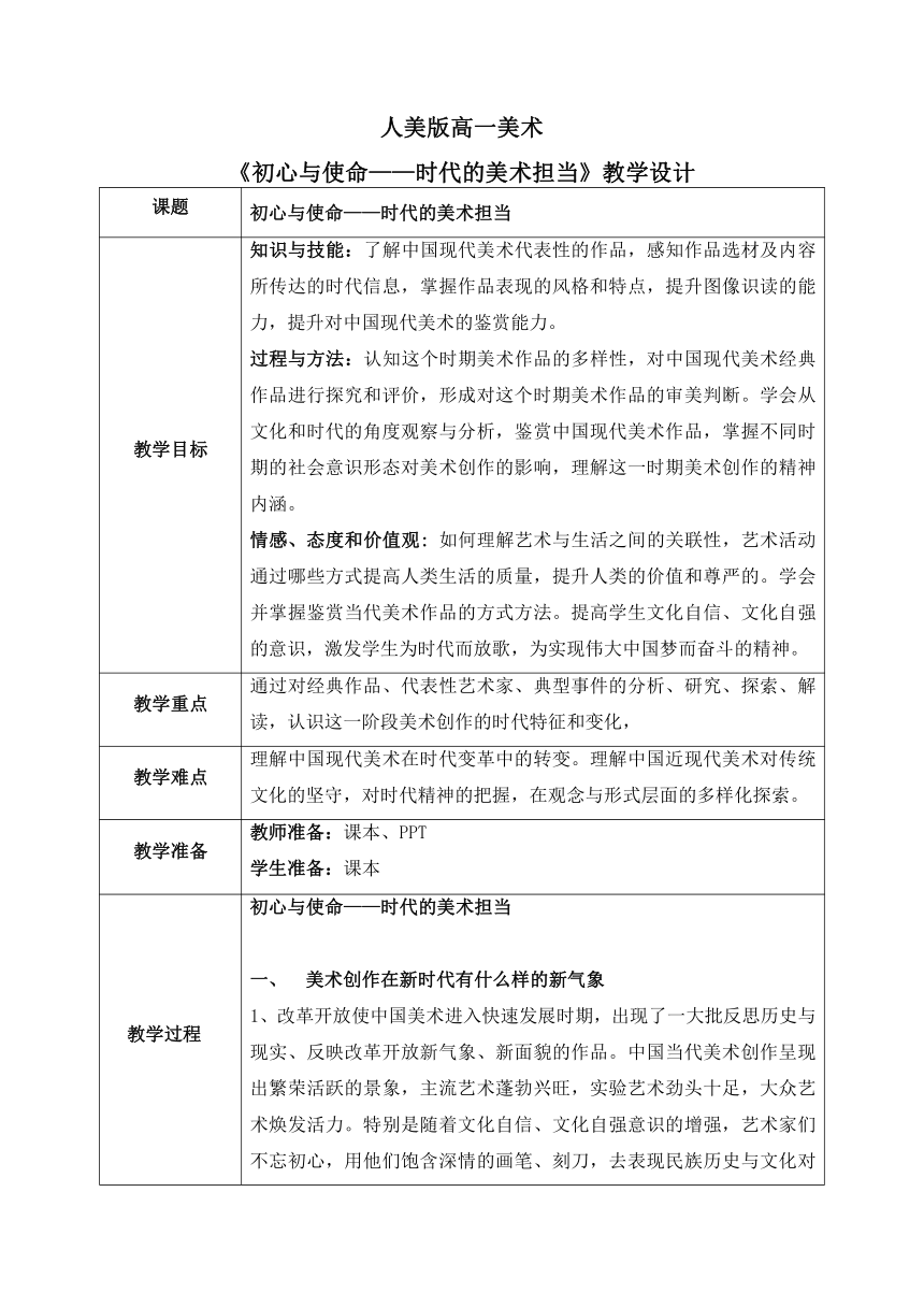 6.3 初心与使命——时代的美术担当 教学设计（表格式）-2022-2023学年高一上学期美术人美版（2019）美术鉴赏