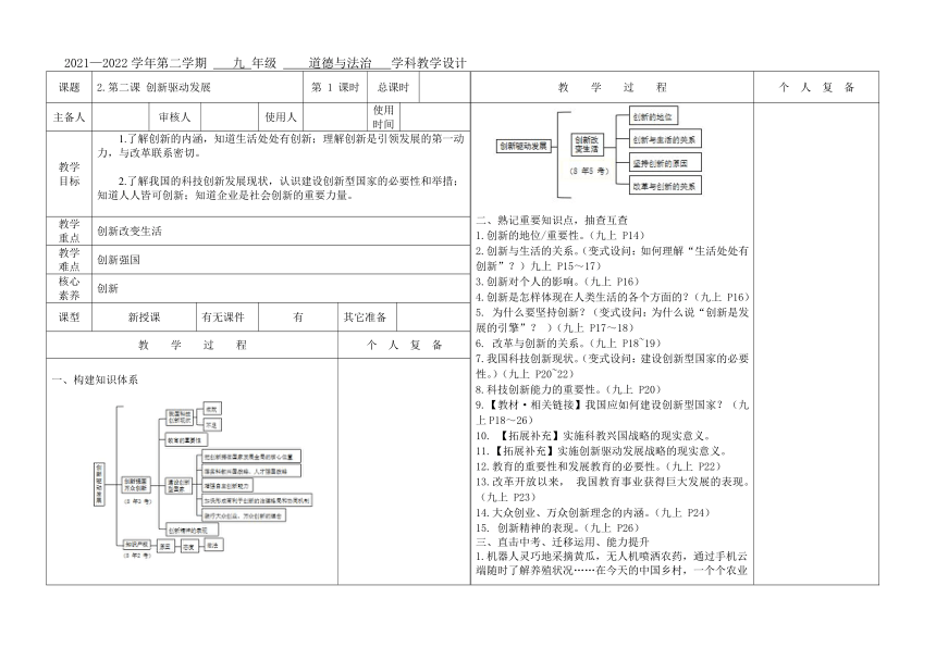 2022年中考道德与法治 九年级上册第二课 创新驱动发展 复习课教案