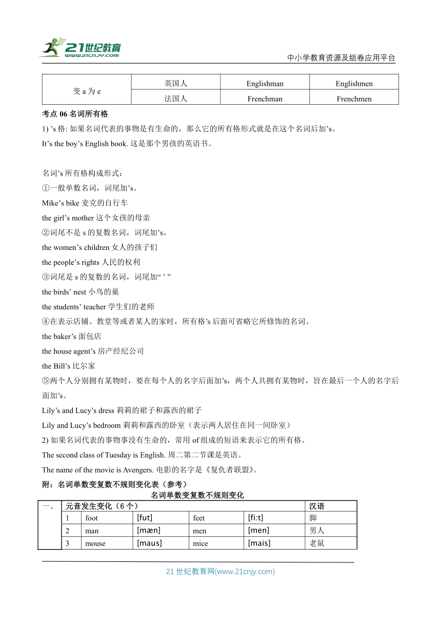 小升初英语满分突破集训 系列 (全国通用版) 3专题三 名词 学案 (含答案)