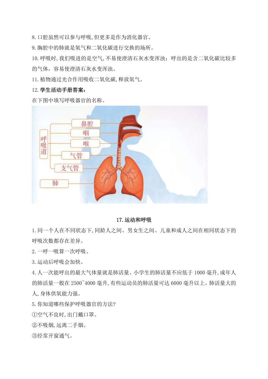 苏教版（2017秋）科学 三年级上册 第五单元 人的呼吸和消化 知识点整理