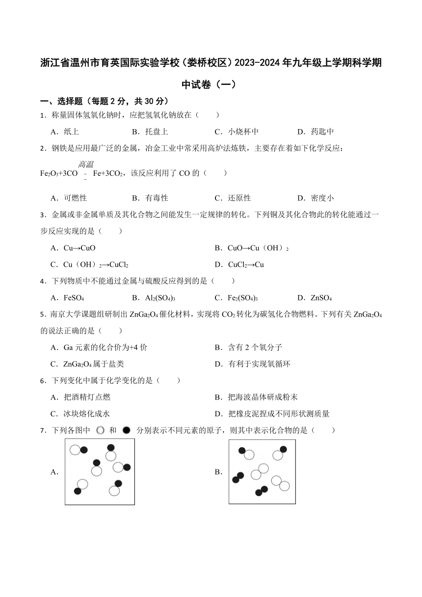 浙江省温州市育英国际实验学校（娄桥校区）2023-2024年九年级上学期期中科学试卷（一）（到第2章 ，含解析）