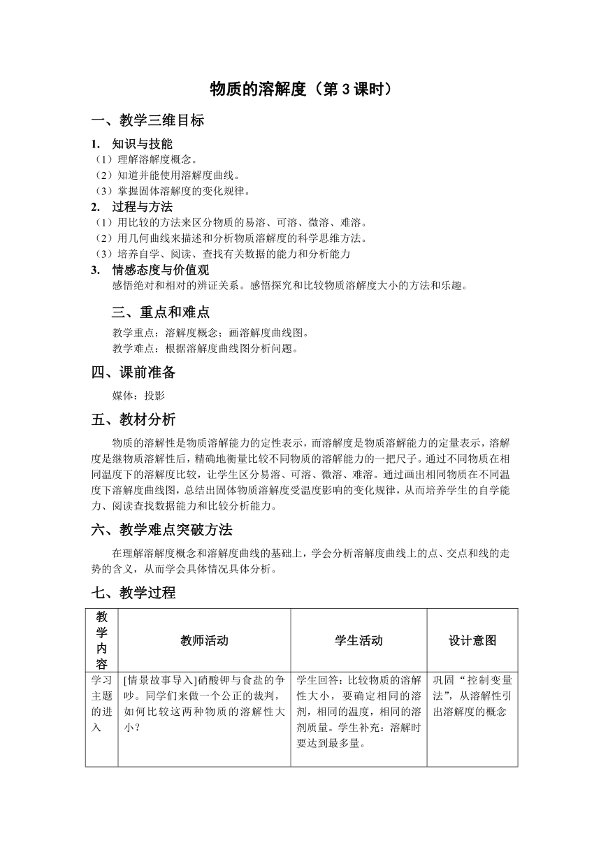 沪教版（上海）初中化学九年级上册 3.2  物质的溶解度  教案(表格式)