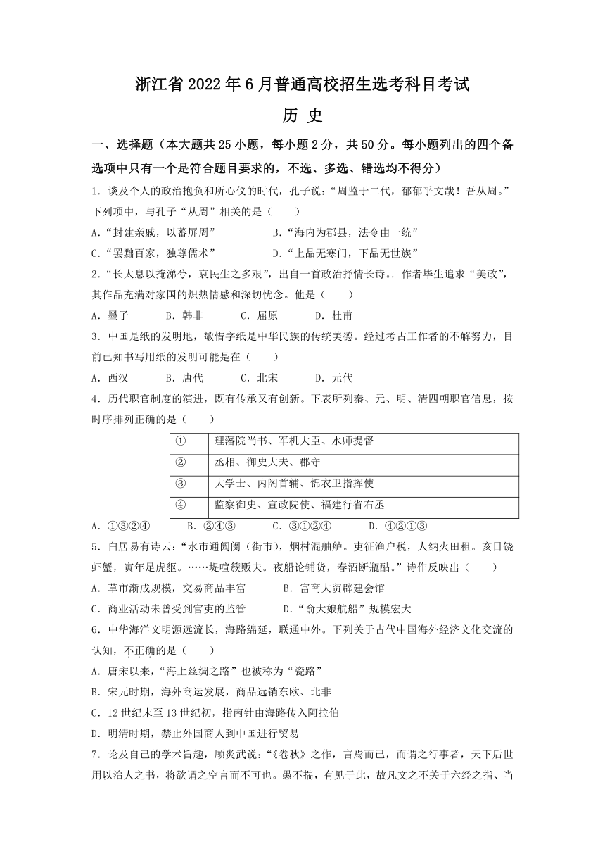 【高考真题】2022年6月浙江省普通高校招生选考历史试题（word版，含答案）