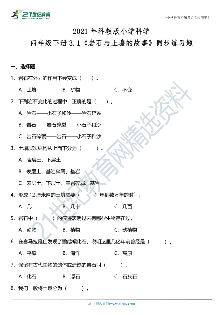 2021年科教版小学科学四年级下册3.1《岩石与土壤的故事》同步练习题（含答案）