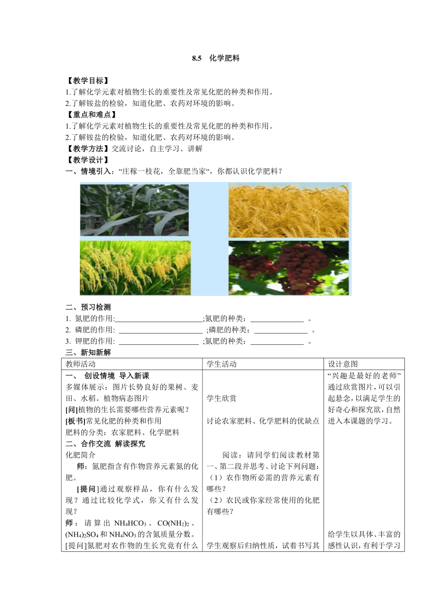 粤教版九年级化学下册8.5  化学肥料教案（表格型）