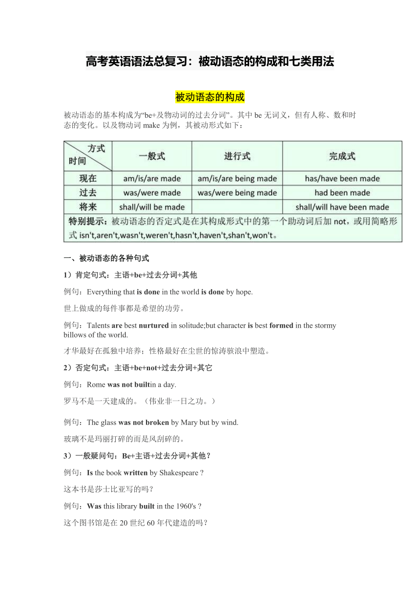 2022届高考英语二轮复习：被动语态的构成和七类用法学案