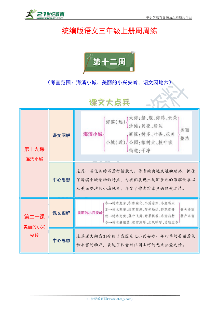 统编版语文三年级上册周周练 第12周（海滨小城、美丽的小兴安岭、语文园地六）（含答案）