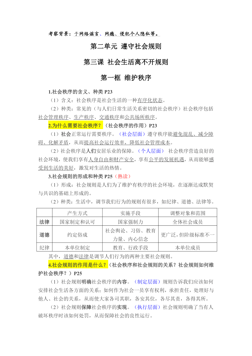 期末知识点复习提纲-2023-2024学年统编版道德与法治八年级上册