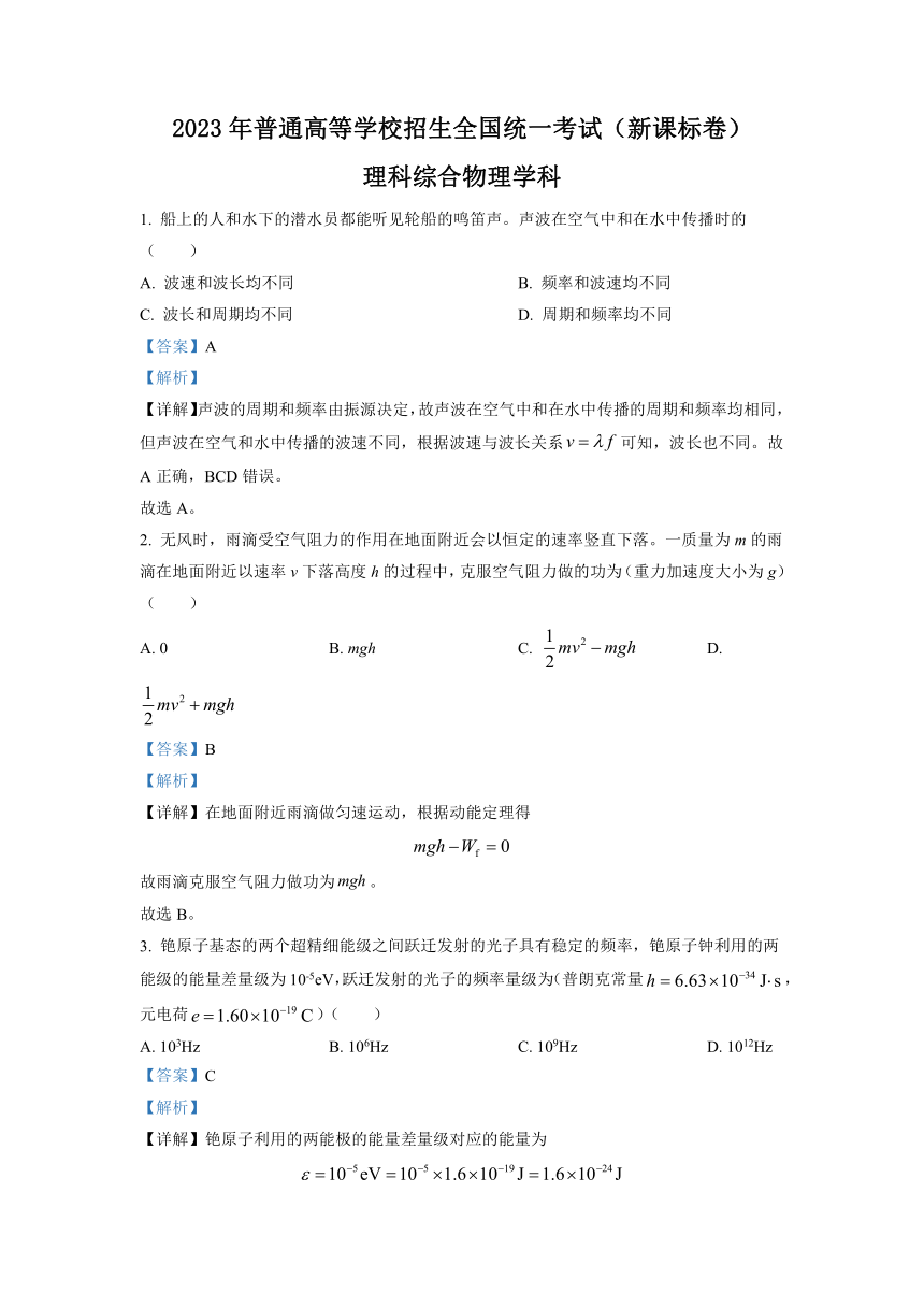 2023年新课标卷物理高考真题试卷（含解析）