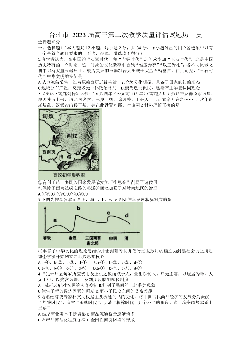 2023届浙江省台州市高三下学期第二次教学质量评估（二模）历史试题（含答案）