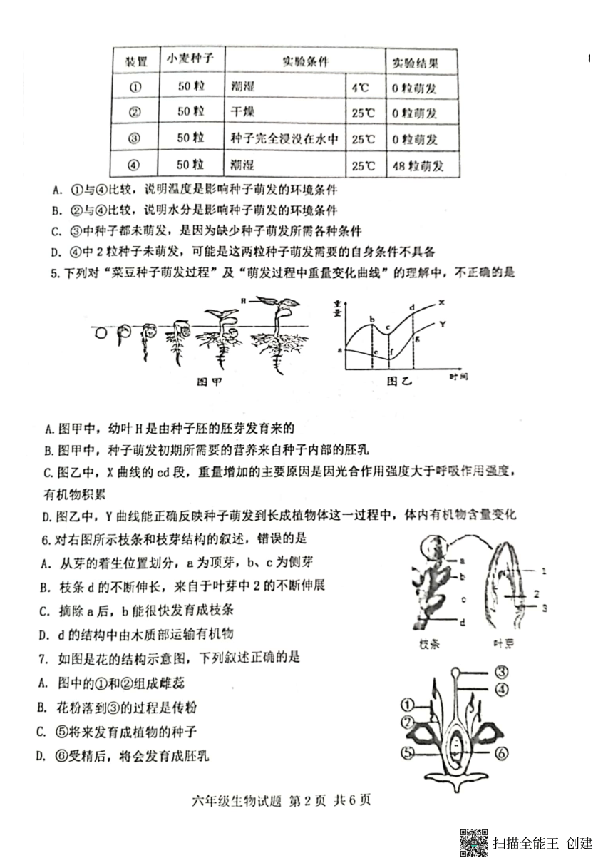 山东省泰安市东平县2021-2022学年六年级下学期期末质量检测生物试题（PDF版无答案）